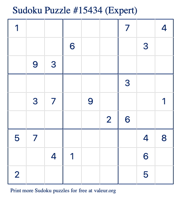 Free Printable Expert Sudoku Puzzle number 15434