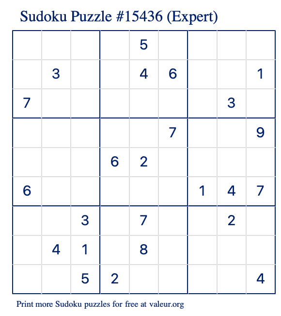 Free Printable Expert Sudoku Puzzle number 15436