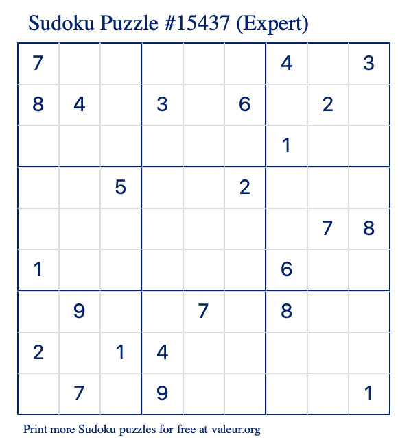 Free Printable Expert Sudoku Puzzle number 15437