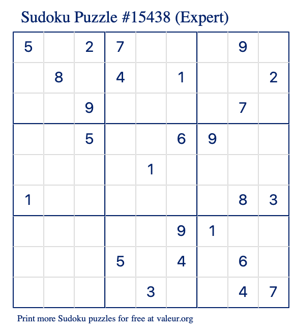 Free Printable Expert Sudoku Puzzle number 15438