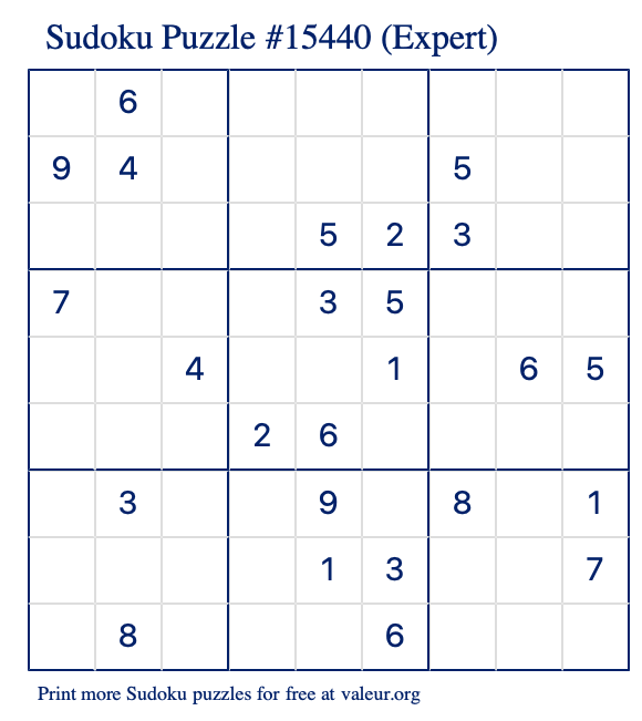 Free Printable Expert Sudoku Puzzle number 15440