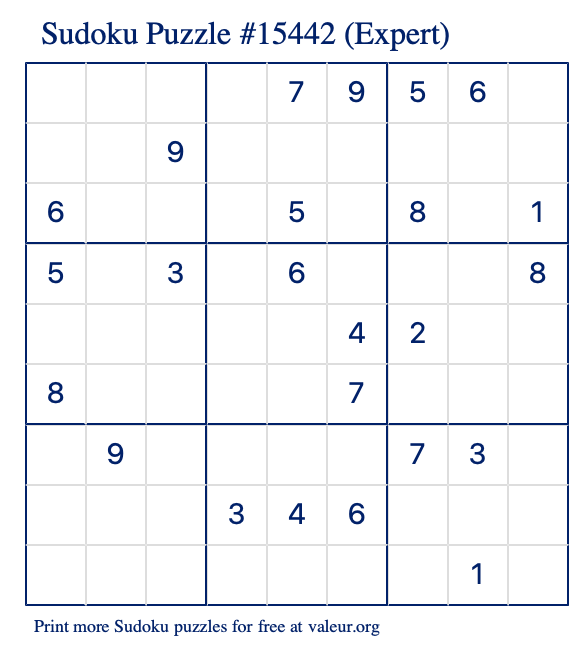 Free Printable Expert Sudoku Puzzle number 15442