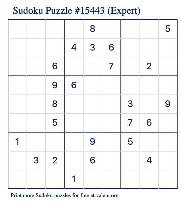 Free Printable Expert Sudoku Puzzle number 15443