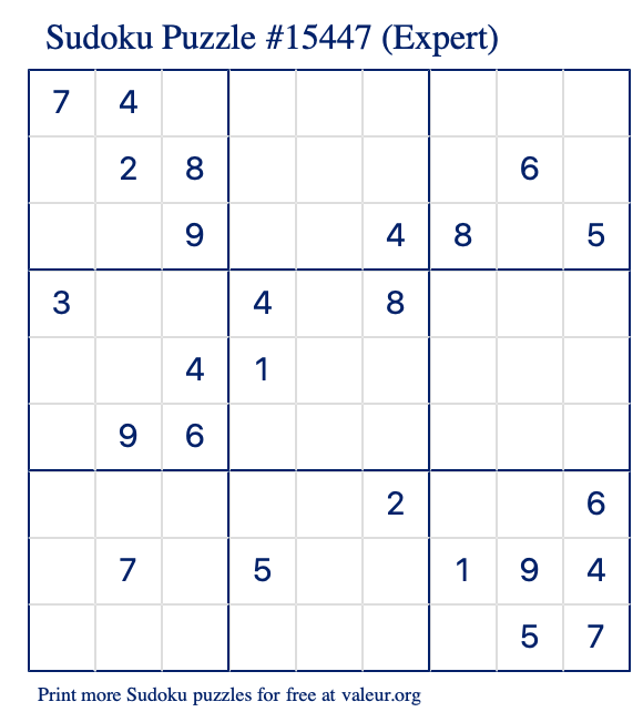 Free Printable Expert Sudoku Puzzle number 15447