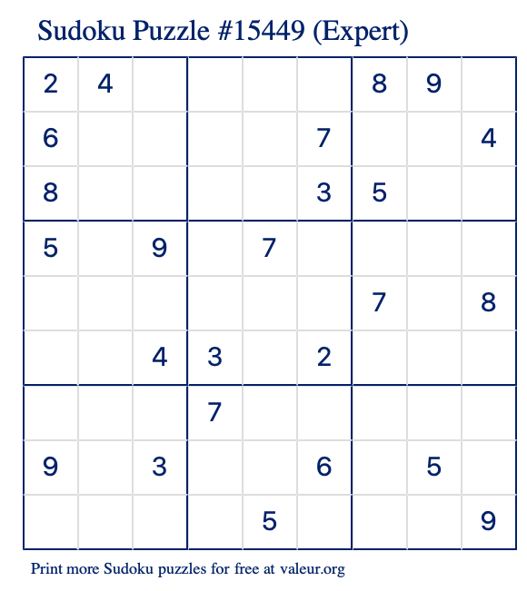 Free Printable Expert Sudoku Puzzle number 15449