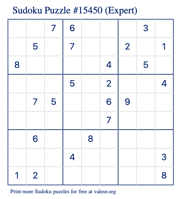 Free Printable Expert Sudoku Puzzle number 15450