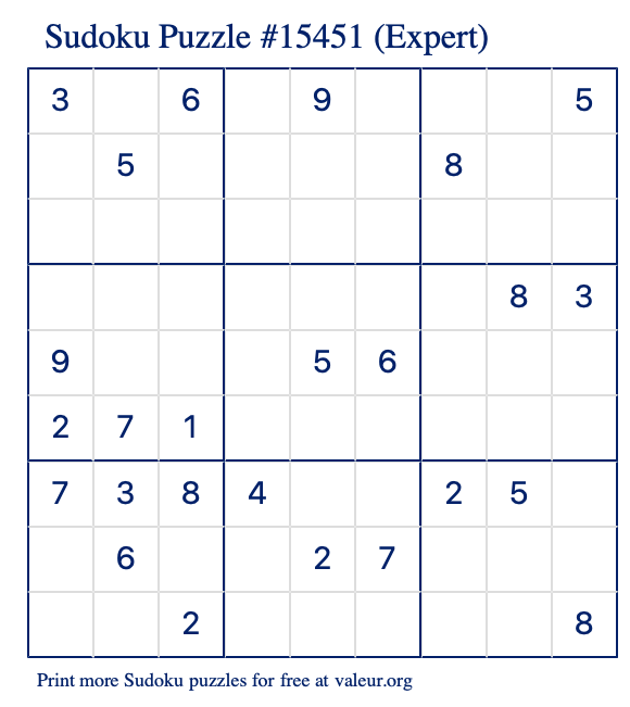 Free Printable Expert Sudoku Puzzle number 15451