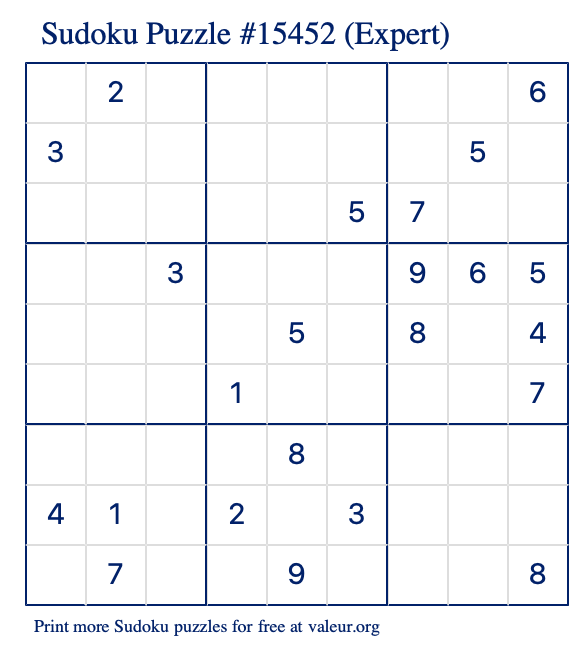 Free Printable Expert Sudoku Puzzle number 15452