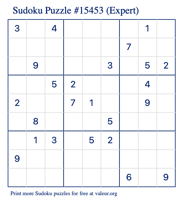 Free Printable Expert Sudoku Puzzle number 15453