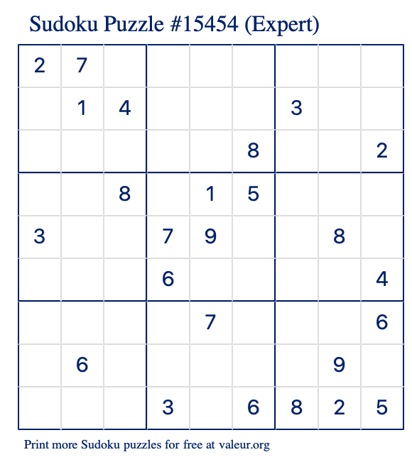 Free Printable Expert Sudoku Puzzle number 15454