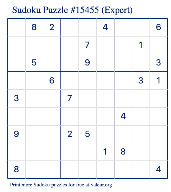 Free Printable Expert Sudoku Puzzle number 15455