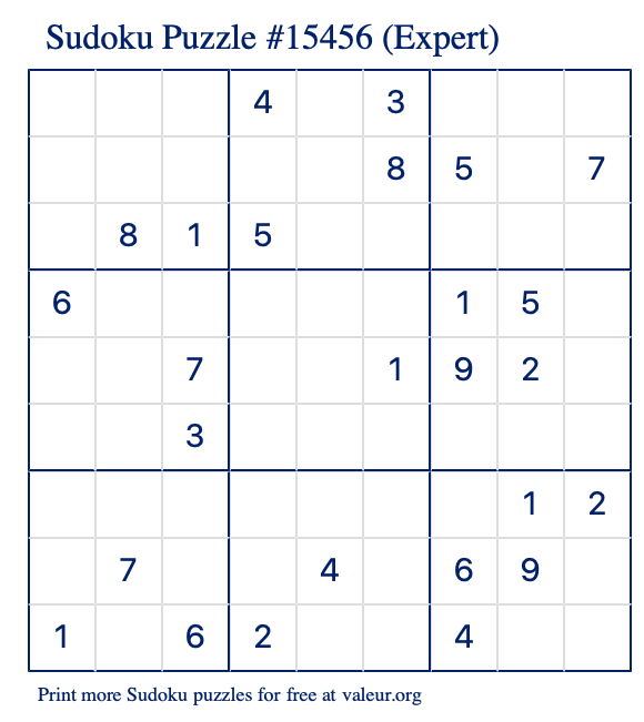 Free Printable Expert Sudoku Puzzle number 15456