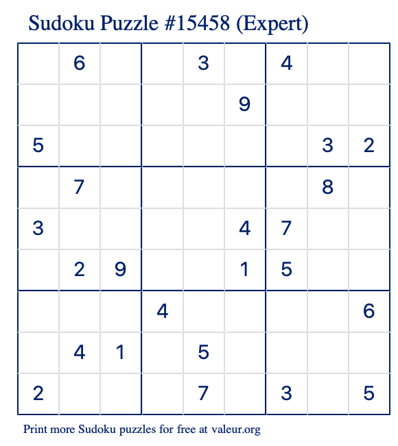 Free Printable Expert Sudoku Puzzle number 15458