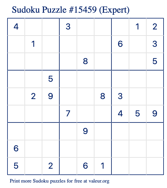 Free Printable Expert Sudoku Puzzle number 15459