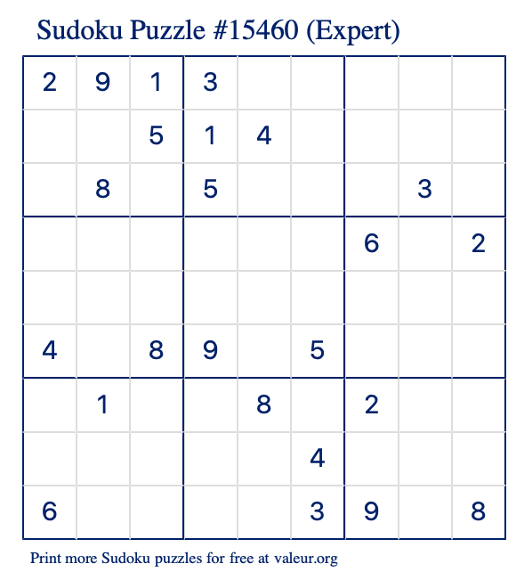 Free Printable Expert Sudoku Puzzle number 15460