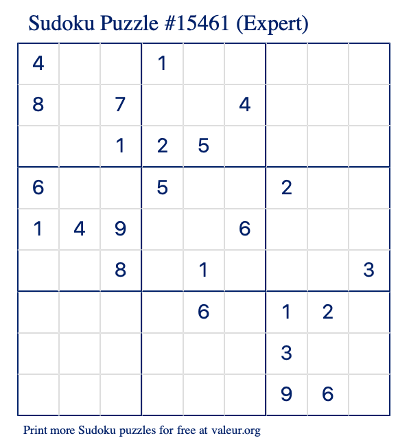 Free Printable Expert Sudoku Puzzle number 15461