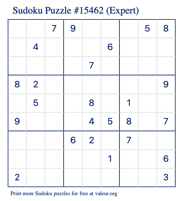 Free Printable Expert Sudoku Puzzle number 15462