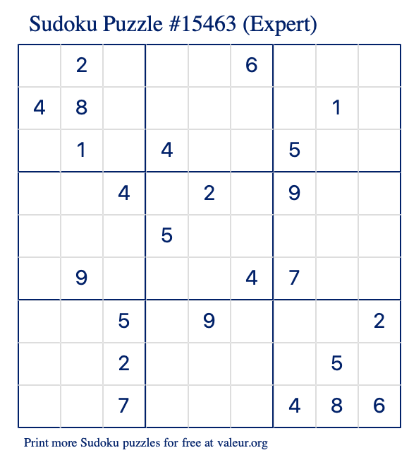 Free Printable Expert Sudoku Puzzle number 15463