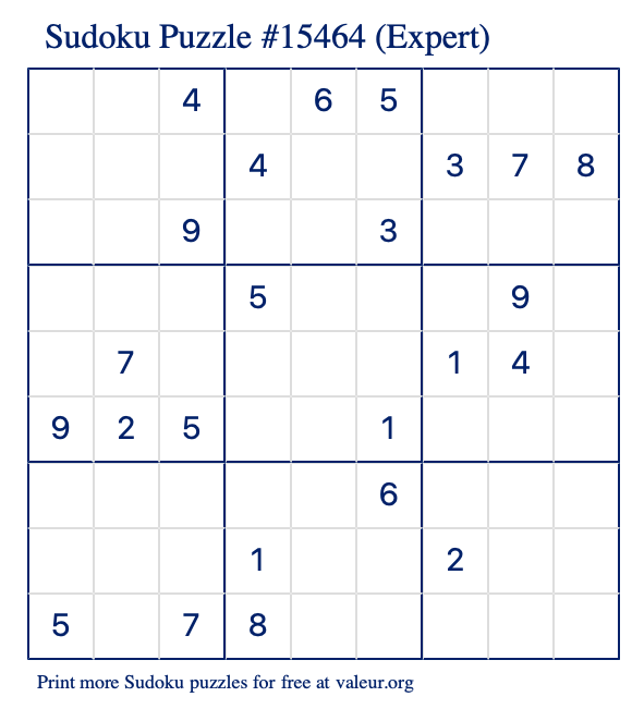 Free Printable Expert Sudoku Puzzle number 15464