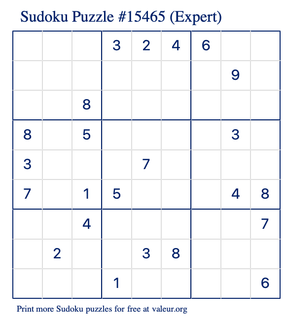 Free Printable Expert Sudoku Puzzle number 15465