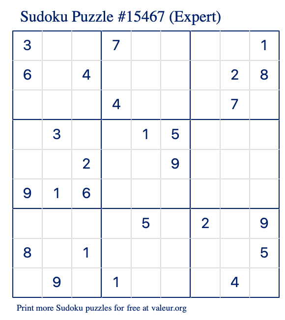 Free Printable Expert Sudoku Puzzle number 15467