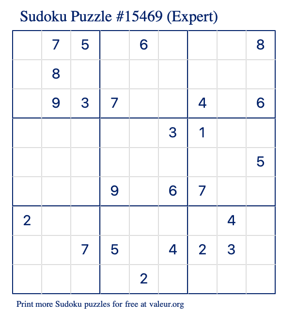 Free Printable Expert Sudoku Puzzle number 15469