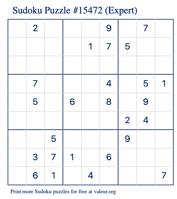 Free Printable Expert Sudoku Puzzle number 15472