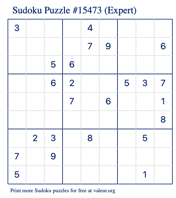 Free Printable Expert Sudoku Puzzle number 15473