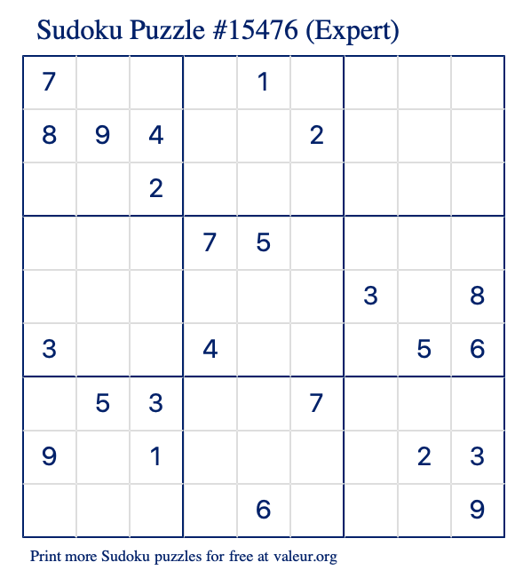 Free Printable Expert Sudoku Puzzle number 15476