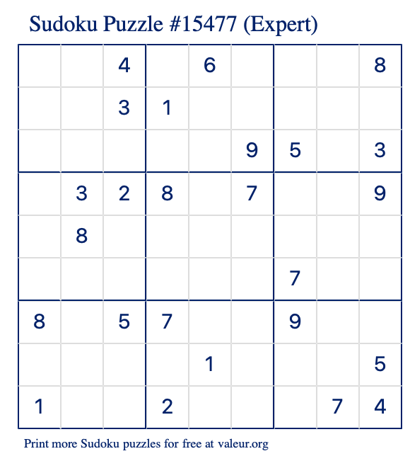 Free Printable Expert Sudoku Puzzle number 15477