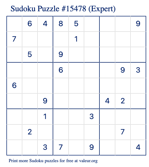 Free Printable Expert Sudoku Puzzle number 15478