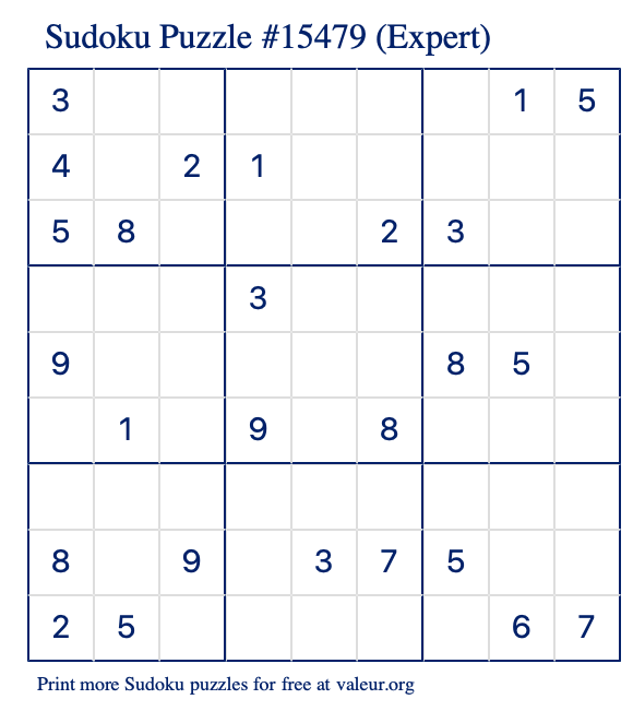 Free Printable Expert Sudoku Puzzle number 15479