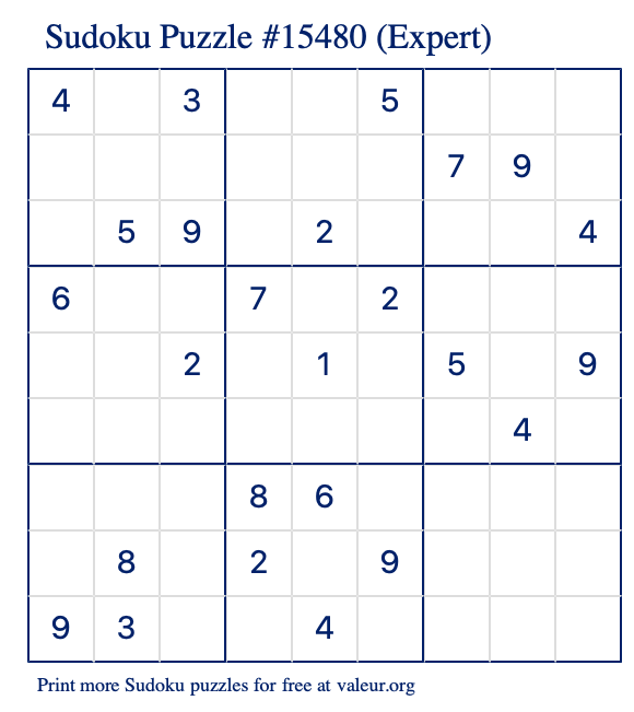 Free Printable Expert Sudoku Puzzle number 15480