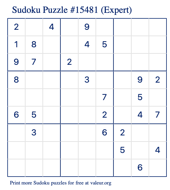 Free Printable Expert Sudoku Puzzle number 15481