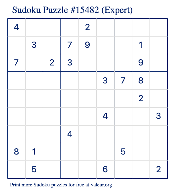 Free Printable Expert Sudoku Puzzle number 15482