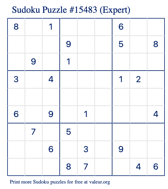 Free Printable Expert Sudoku Puzzle number 15483