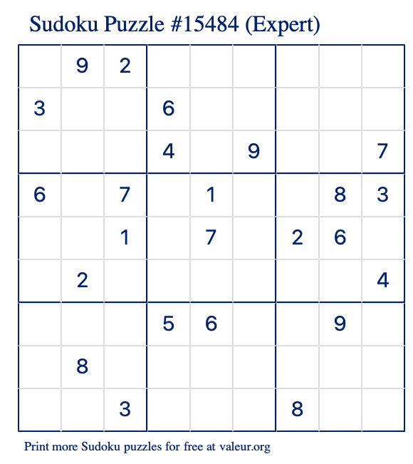 Free Printable Expert Sudoku Puzzle number 15484