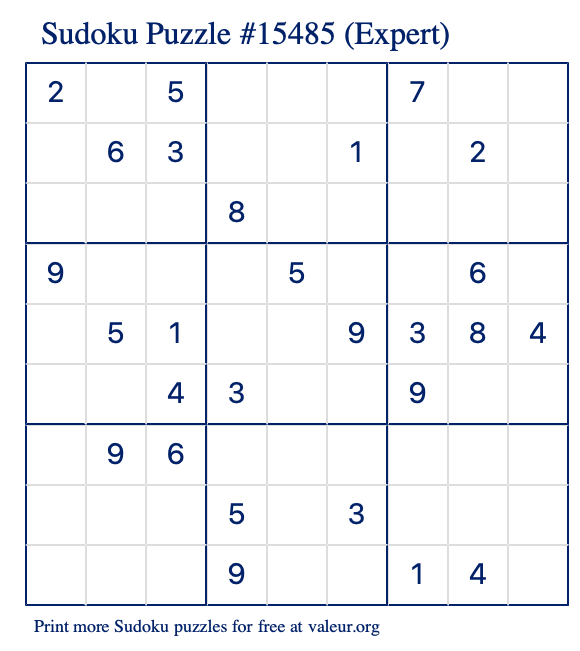 Free Printable Expert Sudoku Puzzle number 15485