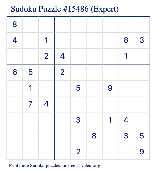 Free Printable Expert Sudoku Puzzle number 15486