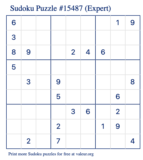 Free Printable Expert Sudoku Puzzle number 15487