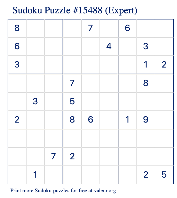 Free Printable Expert Sudoku Puzzle number 15488