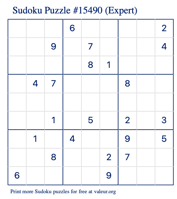 Free Printable Expert Sudoku Puzzle number 15490