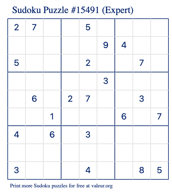 Free Printable Expert Sudoku Puzzle number 15491