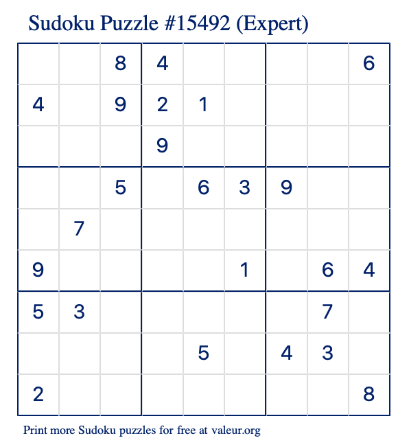 Free Printable Expert Sudoku Puzzle number 15492