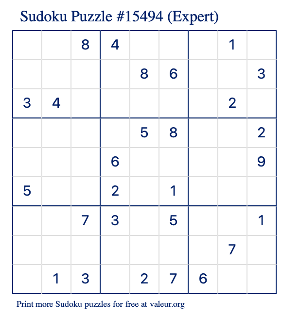 Free Printable Expert Sudoku Puzzle number 15494