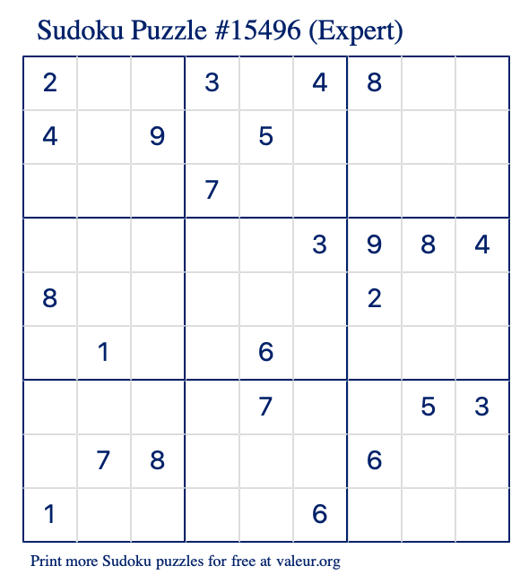 Free Printable Expert Sudoku Puzzle number 15496