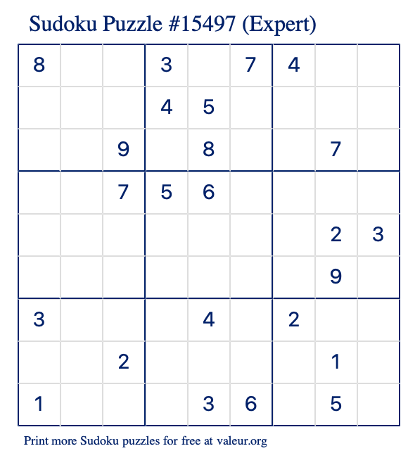 Free Printable Expert Sudoku Puzzle number 15497