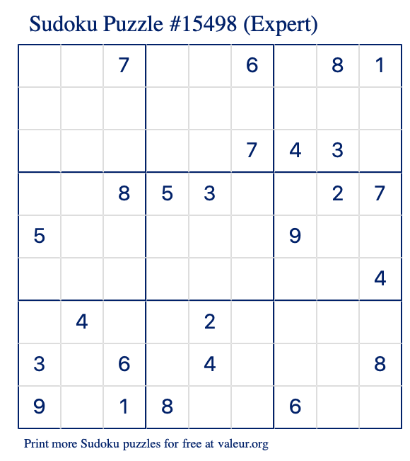 Free Printable Expert Sudoku Puzzle number 15498