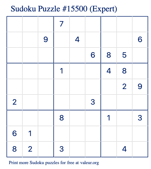 Free Printable Expert Sudoku Puzzle number 15500