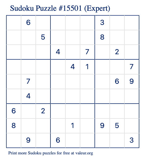 Free Printable Expert Sudoku Puzzle number 15501